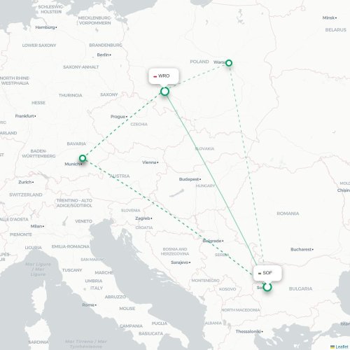 Mapa de vuelo directo Sofía - Wrocław