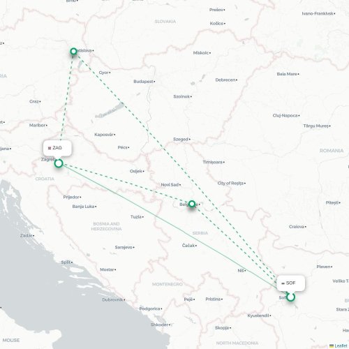 Mapa de vuelo directo Sofía - Zagreb
