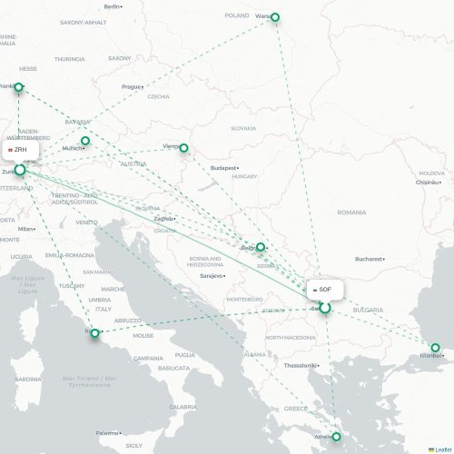 Mapa lotu bezpośredniego Sofia – Zurych