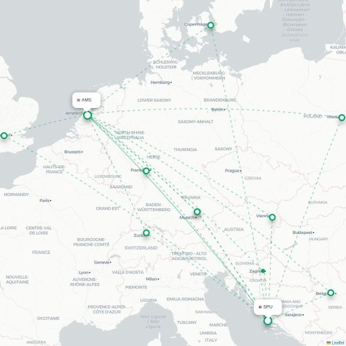 Split - Amsterdam kort over direkte fly