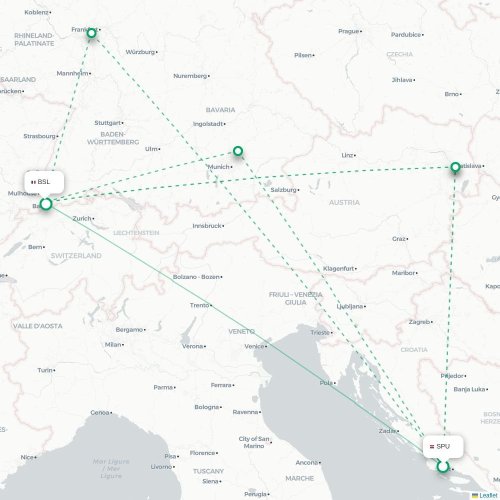 Split - Bazel, Zwitserland kaart van rechtstreekse vlucht