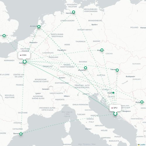 Split - Paris karta över direktflyg