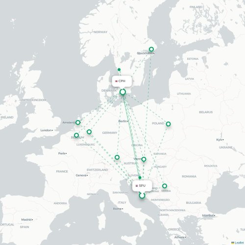 Mapa lotu bezpośredniego Split – Kopenhaga