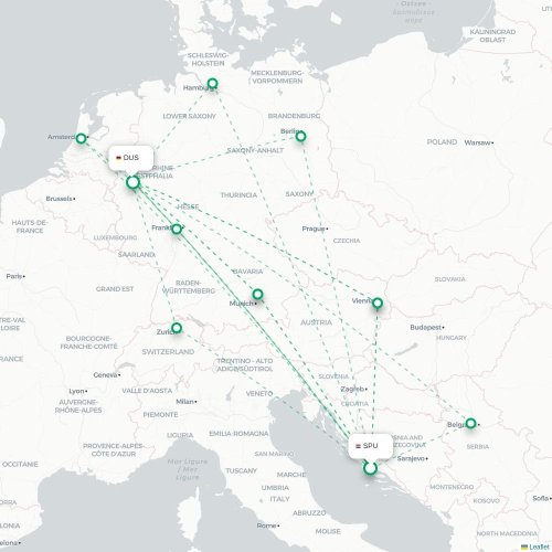 Mapa de vuelo directo Split - Düsseldorf