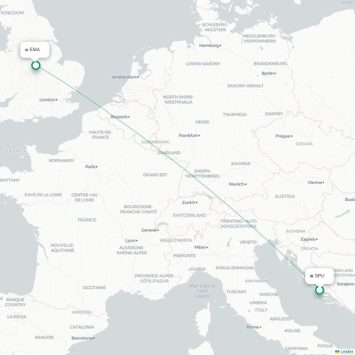 Mapa lotu bezpośredniego Split – Nottingham