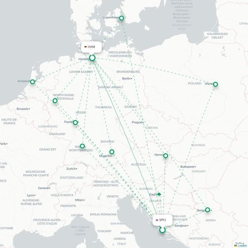 Mapa de vuelo directo Split - Hamburgo