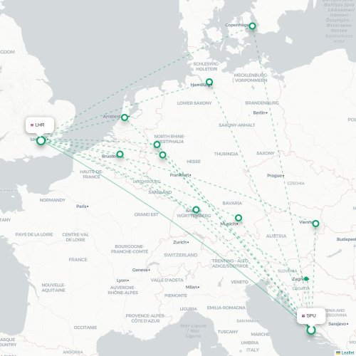 Mapa lotu bezpośredniego Split – Londyn