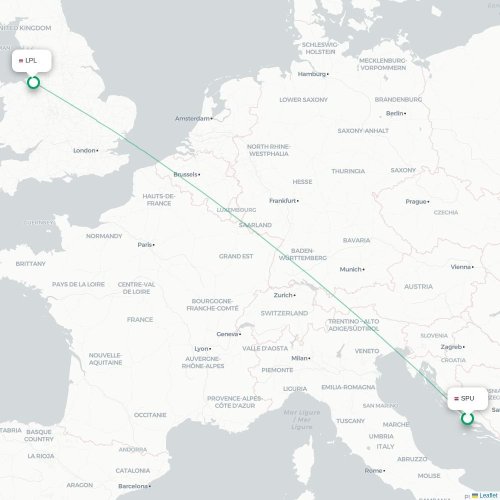 Mapa lotu bezpośredniego Split – Liverpool
