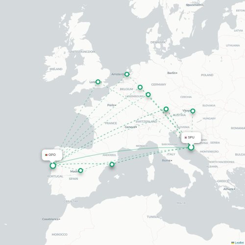 Mapa lotu bezpośredniego Split – Porto