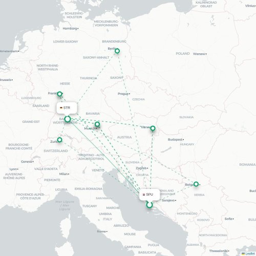 Mapa de vuelo directo Split - Stuttgart