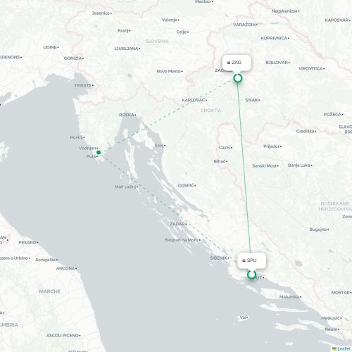 Mapa lotu bezpośredniego Split – Zagrzeb