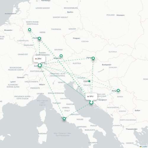 Split - Zurich karta över direktflyg