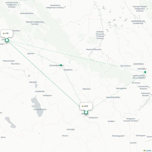 Mapa lotu bezpośredniego Sucre – La Paz
