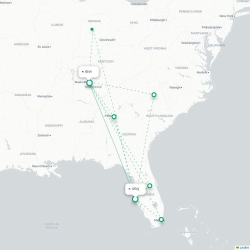Mapa de vuelo directo Sarasota - Nashville