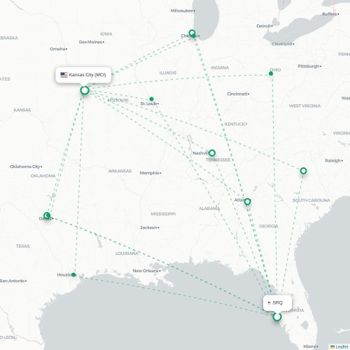 Mapa lotu bezpośredniego Sarasota – Kansas City