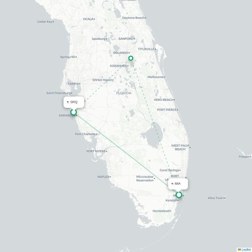 Mapa lotu bezpośredniego Sarasota – Miami