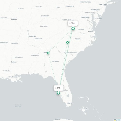 Mapa lotu bezpośredniego Sarasota – Roanoke