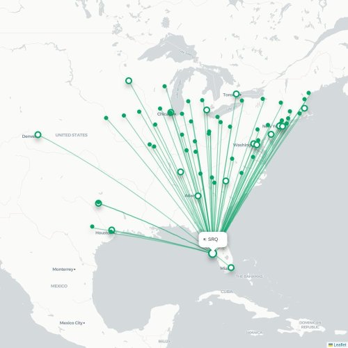 Mapa lotu bezpośredniego Sarasota – Newark