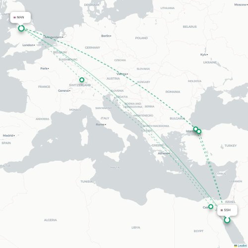 Mapa de vuelo directo Sharm el-Sheij - Mánchester