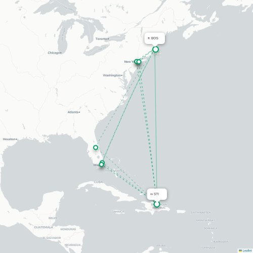 Mapa de vuelo directo Santiago de los Caballeros - Boston