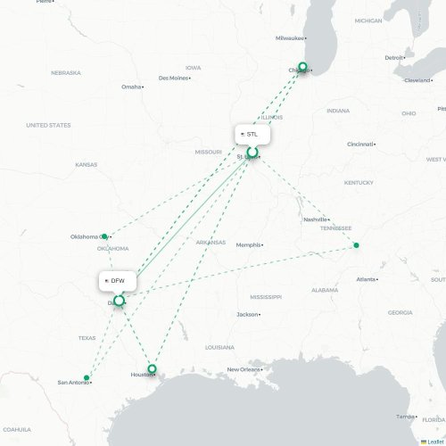 Mapa lotu bezpośredniego Saint Louis – Dallas