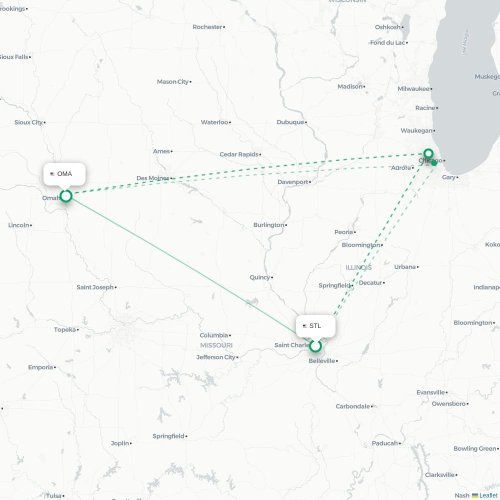 Mapa lotu bezpośredniego Saint Louis – Omaha