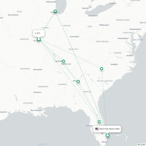 Mapa de vuelo directo San Luis - West Palm Beach