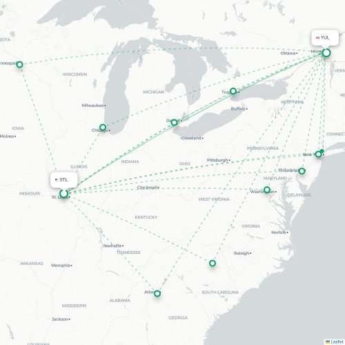 Mapa lotu bezpośredniego Saint Louis – Montreal