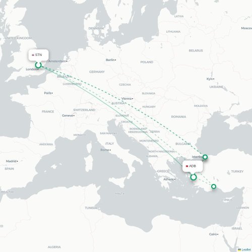 Mapa de vuelo directo Londres - Esmirna