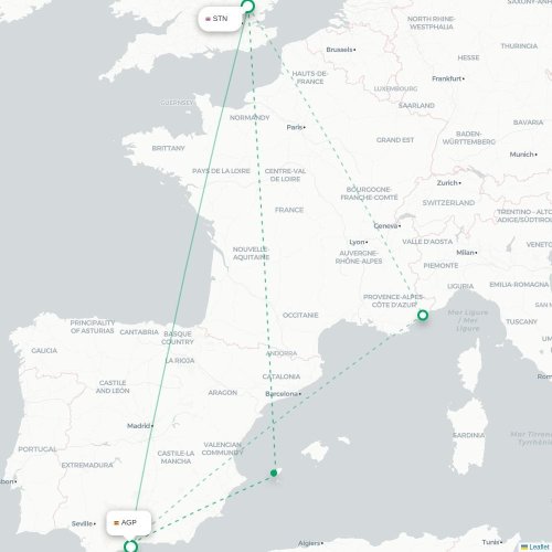 Mapa de vuelo directo Londres - Málaga