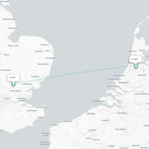 Mapa de vuelo directo Londres - Ámsterdam