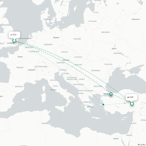 Mapa de vuelo directo Londres - Kayseri