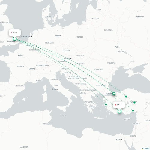 Mapa de vuelo directo Londres - Antalya