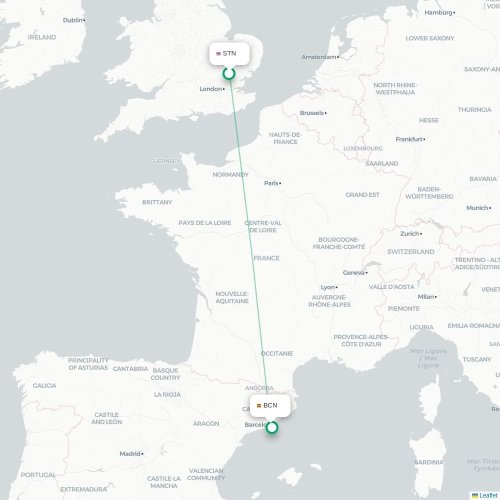 Mapa de vuelo directo Londres - Barcelona