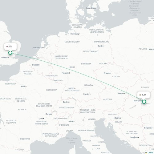 Mapa de vuelo directo Londres - Budapest