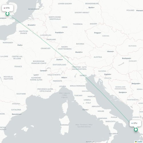 Mapa de vuelo directo Londres - Corfú, Corfú