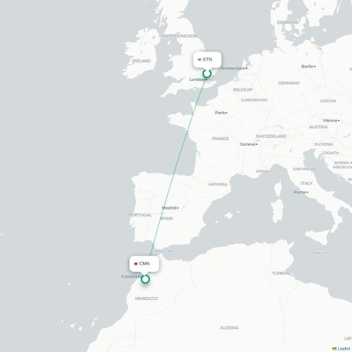 Mapa de vuelo directo Londres - Casablanca