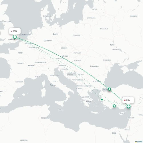 Mapa de vuelo directo Londres - Tarso