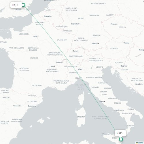 Mapa de vuelo directo Londres - Catania