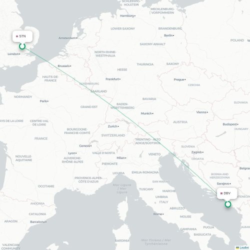 Mapa lotu bezpośredniego Londyn – Dubrownik