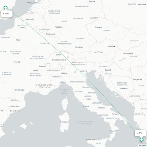 Mapa de vuelo directo Londres - Argostoli