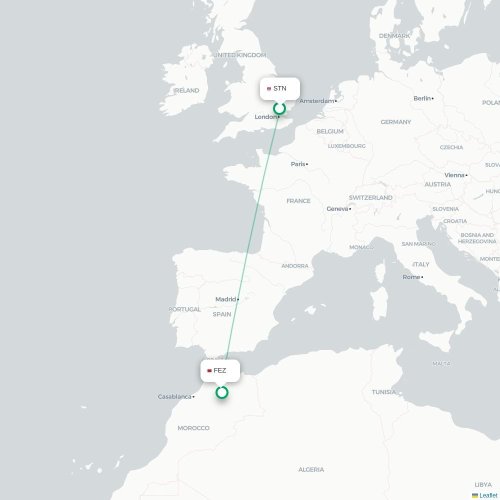 Mapa de vuelo directo Londres - Fez