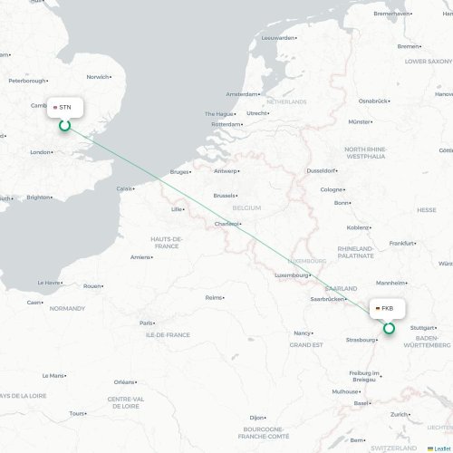 Mapa de vuelo directo Londres - Karlsruhe