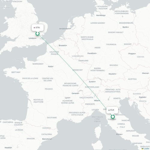 Mapa de vuelo directo Londres - Florencia