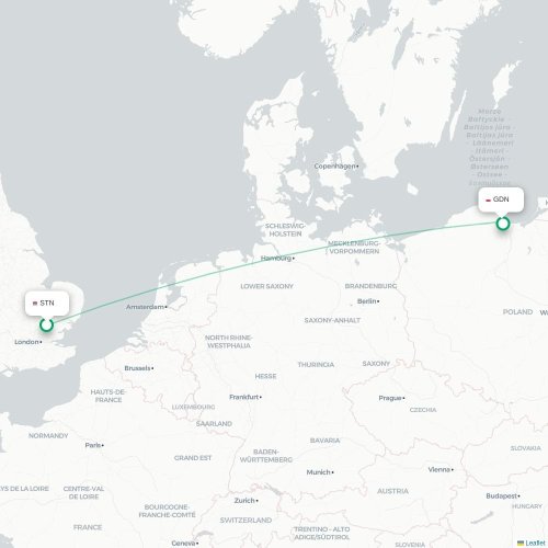 Mapa de vuelo directo Londres - Gdansk