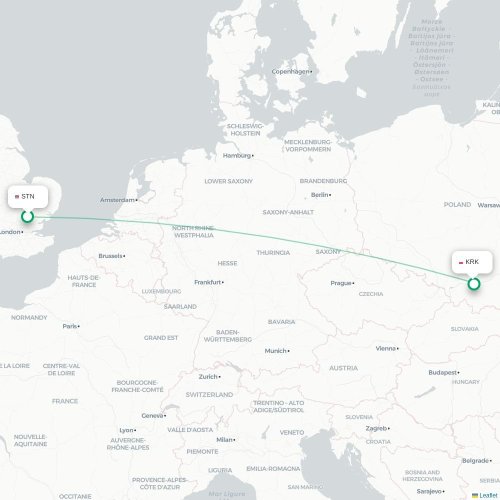 Mapa de vuelo directo Londres - Cracovia
