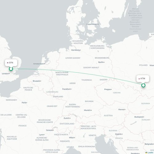 Mapa de vuelo directo Londres - Katowice