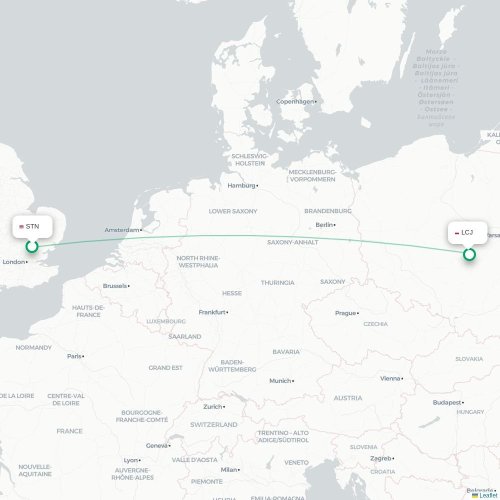 Mapa de vuelo directo Londres - Łódź