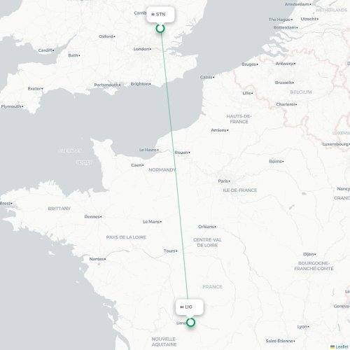 Mapa de vuelo directo Londres - Limoges