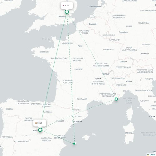Mapa de vuelo directo Londres - Madrid